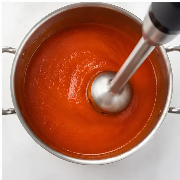 Step 4: Blending with an immersion blender for a smooth, glossy texture