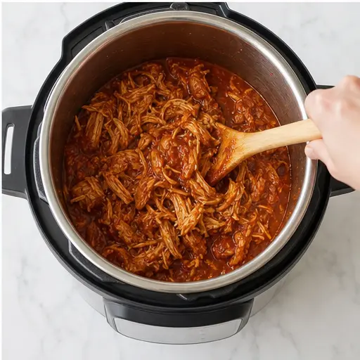 Step 4: Mixing shredded chicken with salsa sauce