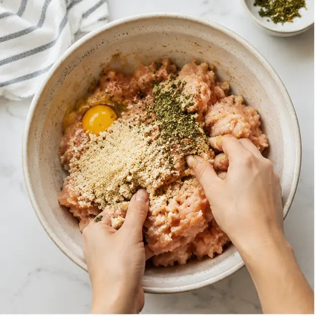 Step 1: Mixing ground chicken with binder and seasonings