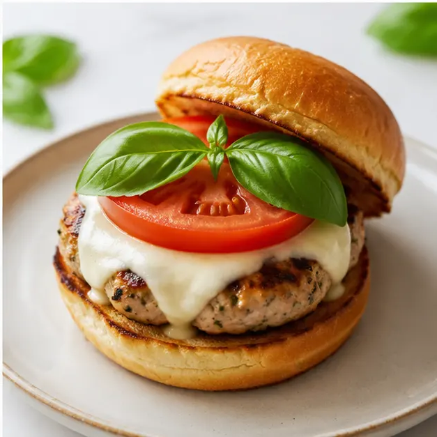 Step 4: Assembling burger with cheese, basil, and tomato