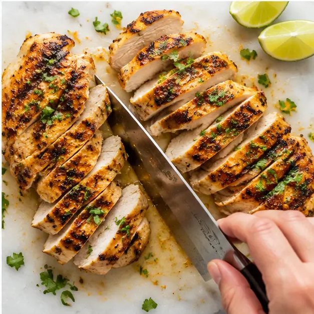 Step 4: Slicing finished chicken with fresh garnish