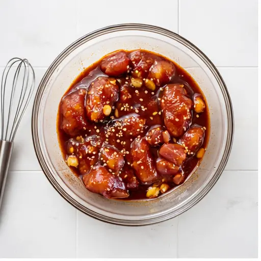 Step 1: Whisking the gochujang marinade and coating chicken fillets