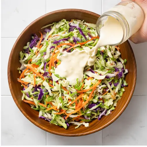 Step 2: Tossing shredded cabbage slaw with creamy dressing