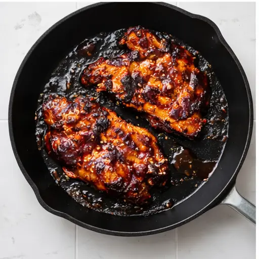 Step 3: Grilling marinated chicken fillets in a cast-iron skillet until charred