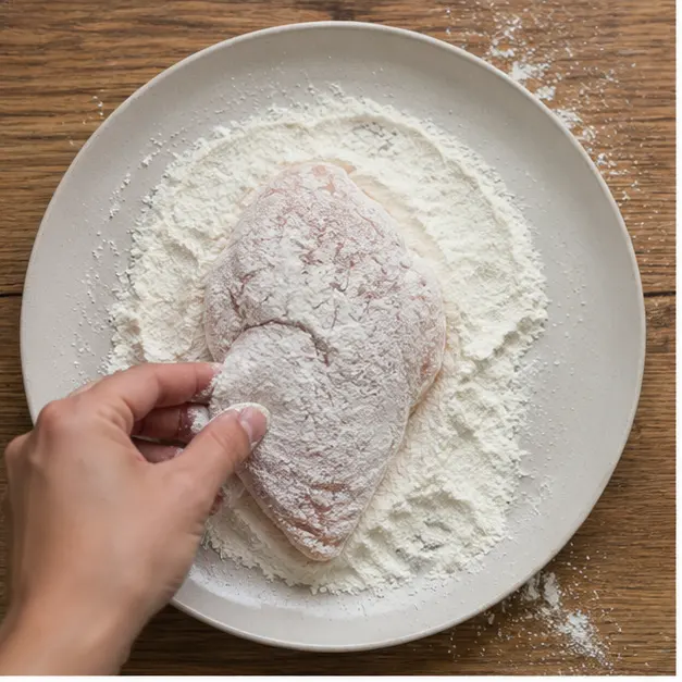 Step 1: Dredging chicken in flour