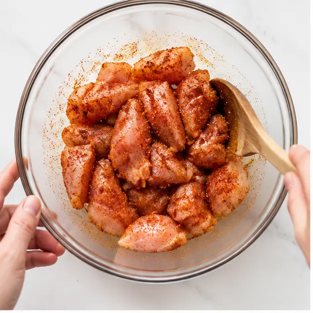 Step 1: Tossing raw chicken fillet pieces in Cajun seasoning