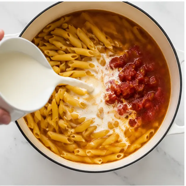 Step 3: Adding broth, tomatoes, cream, and penne pasta to the pot