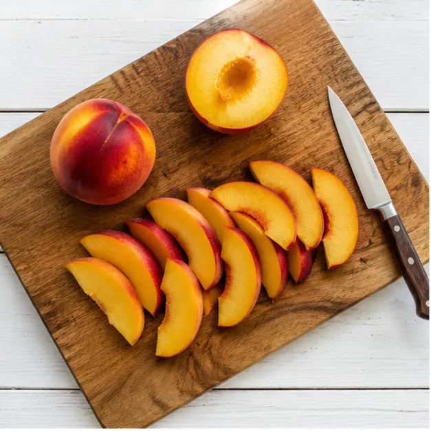 Step 1: Slicing peaches into thin wedges