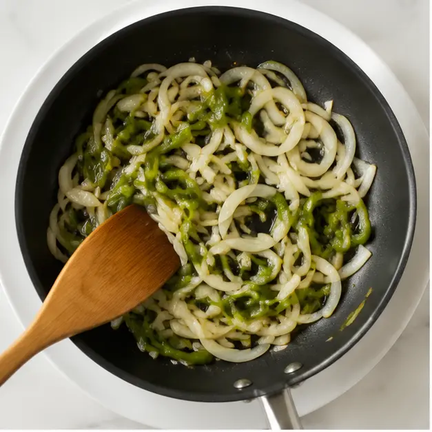 Step 1: Sautéing sliced onion and green bell pepper