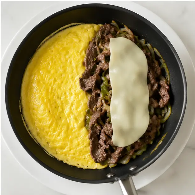 Step 4: Adding filling and cheese before folding the omelette