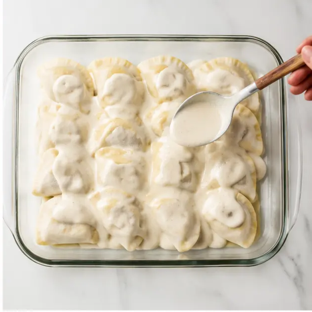 Step 2: Adding Alfredo sauce over the pierogi