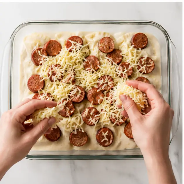 Step 3: Scattering kielbasa and cheese on top