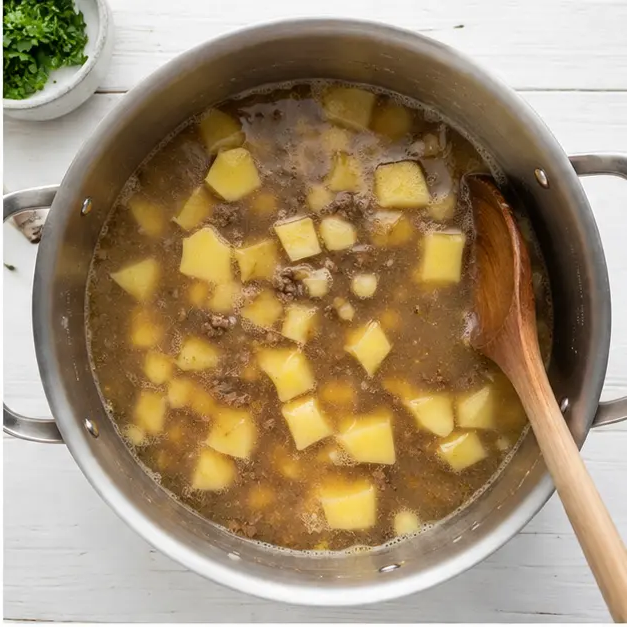 Step 2: Adding broth and diced Yukon Gold potatoes