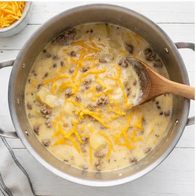 Step 3: Stirring in melted cheddar cheese