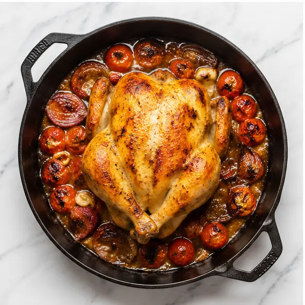 Step 3: Basting the chicken with pan juices halfway through
