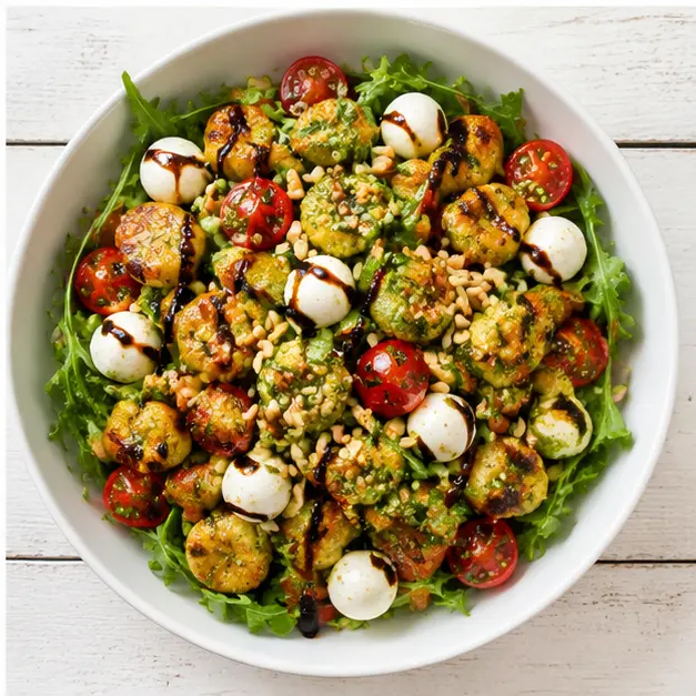 Step 4: Assembled salad with pesto and toppings