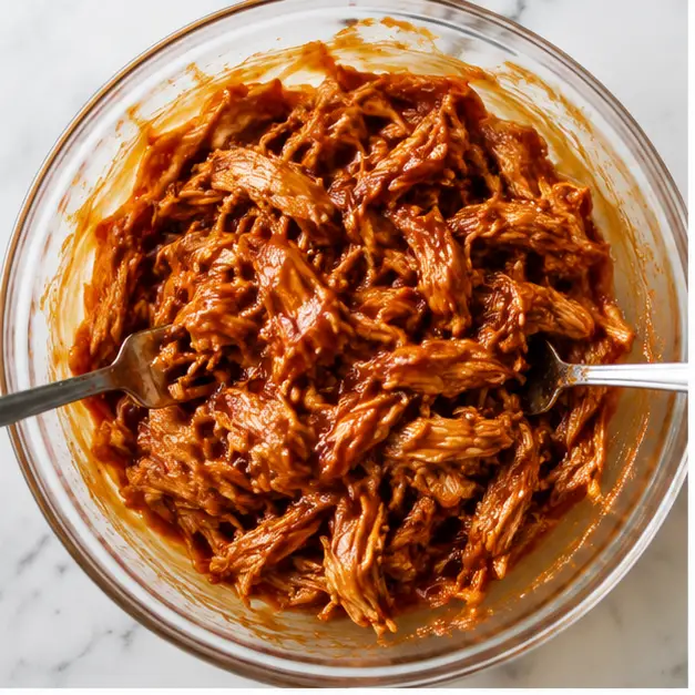 Step 1: Toss shredded chicken with BBQ sauce