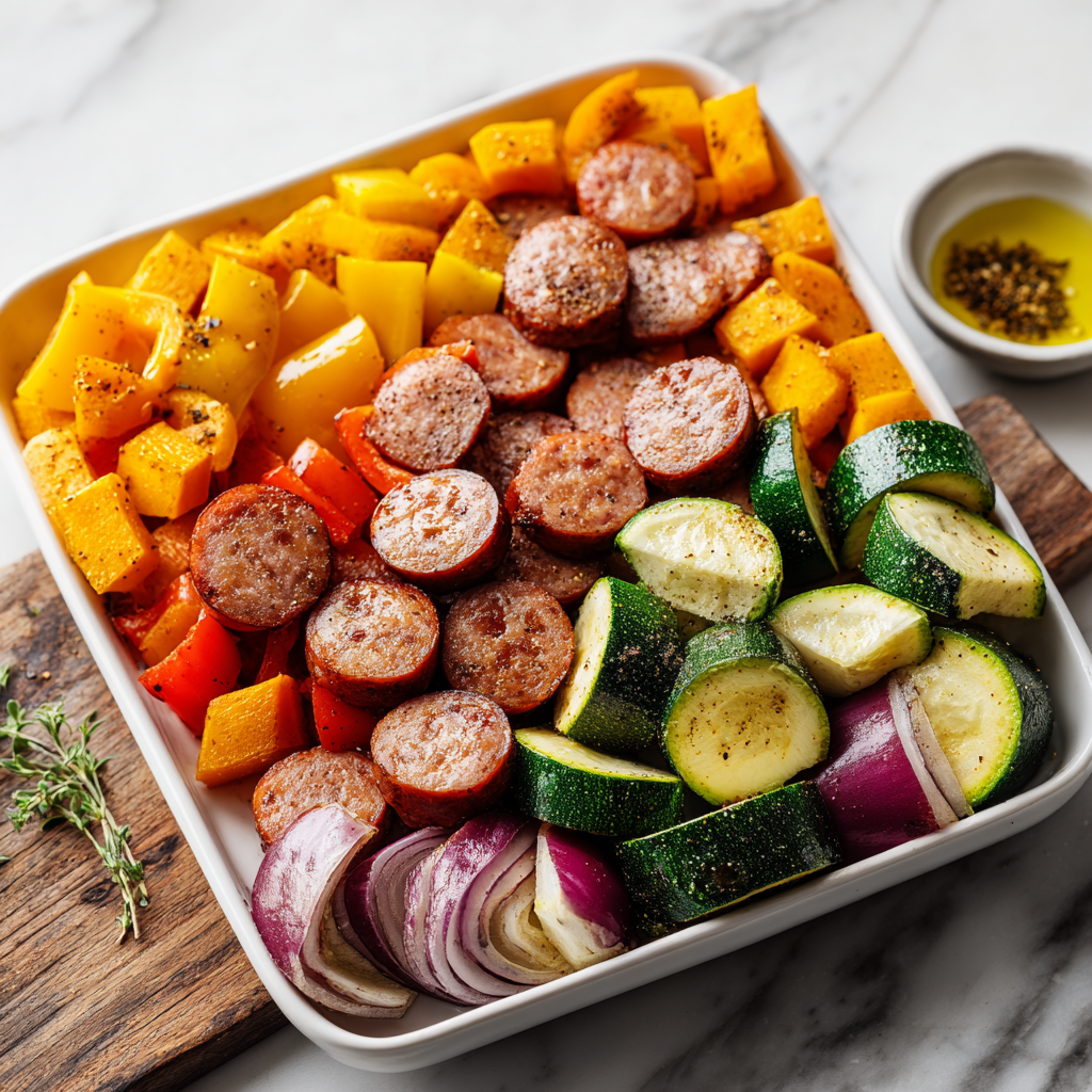 sheet pan sausage peppers zucchini - main ingredients