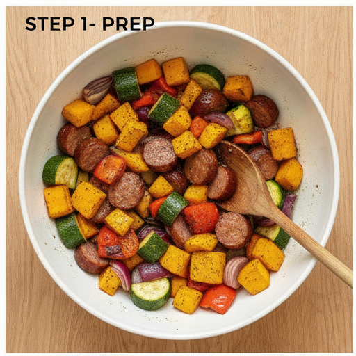 sheet pan sausage peppers zucchini - step 1