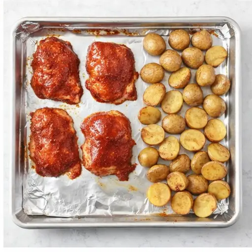 Step 2: Arrange chicken and potatoes on sheet pan