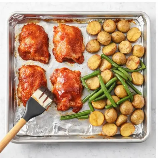 Step 3: Add green beans and brush with BBQ sauce