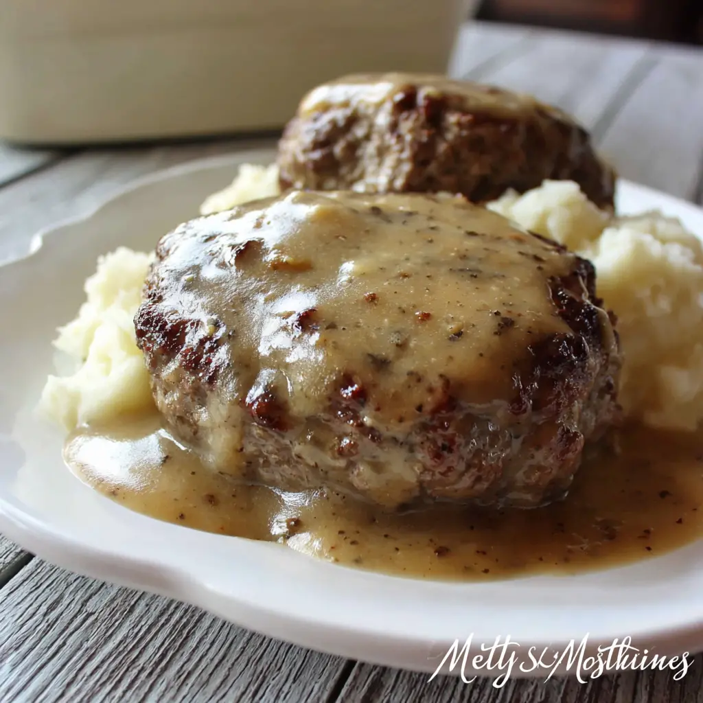 southern hamburger steak with savory gravy - final presentation