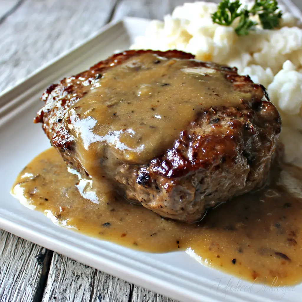southern hamburger steak with savory gravy 960367964