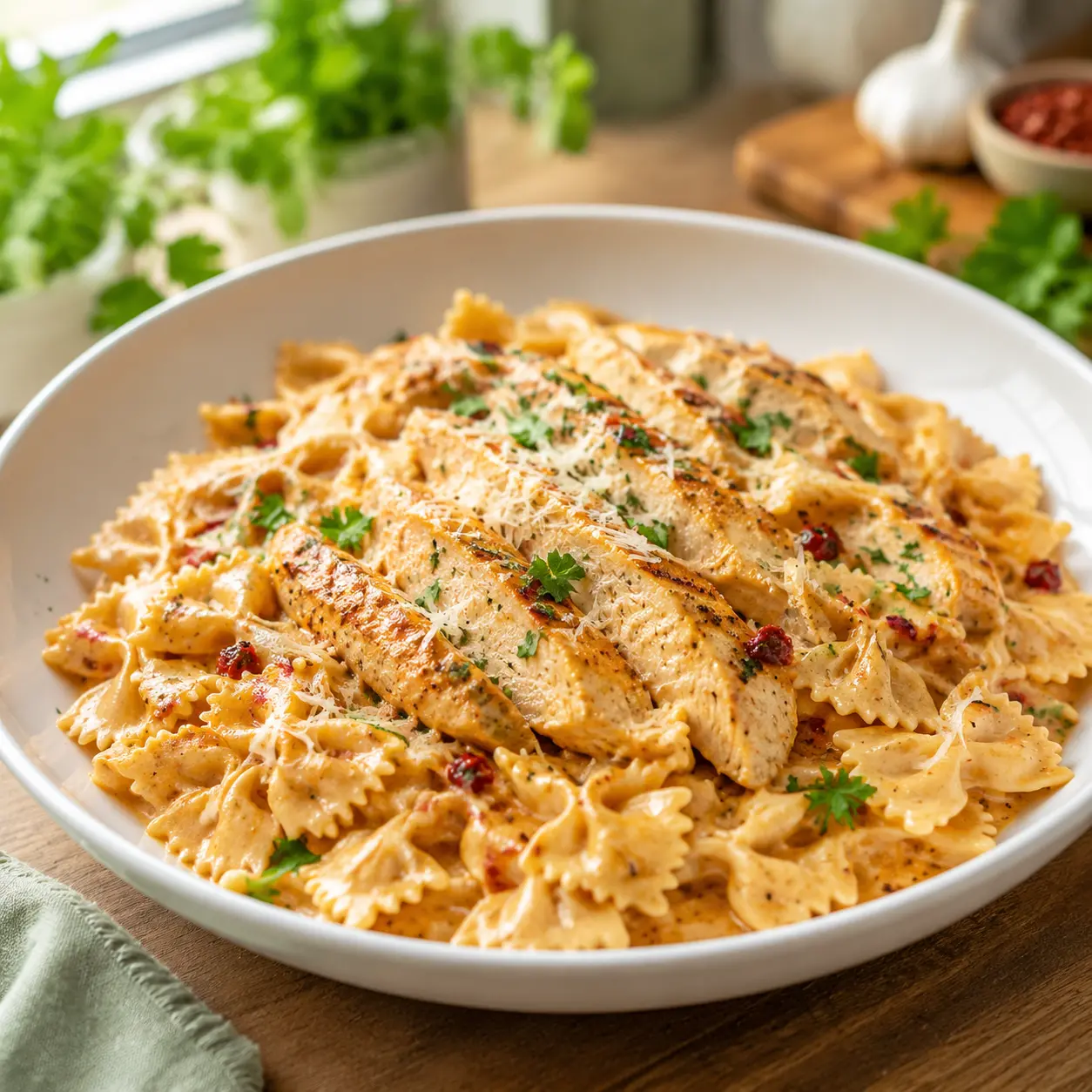 spicy chicken bowtie pasta - final presentation