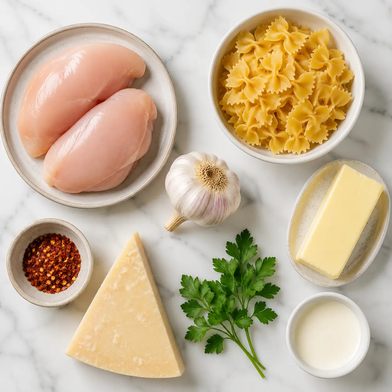 spicy chicken bowtie pasta - main ingredients