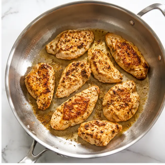Step 2: Searing seasoned chicken pieces until golden