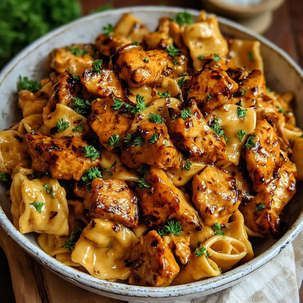 sticky sweet honey smoky bbq chicken pasta - final presentation