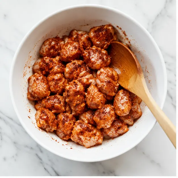 Step 1: Season diced chicken with smoky BBQ seasoning