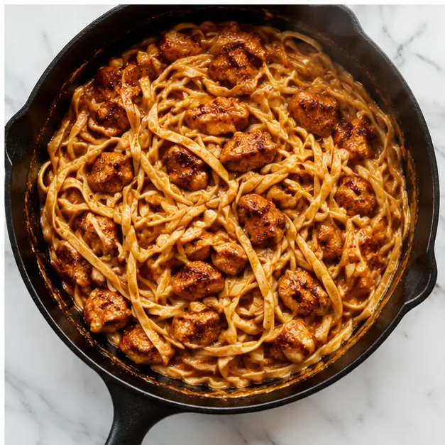 Step 4: Toss cooked fettuccine with sauce and chicken
