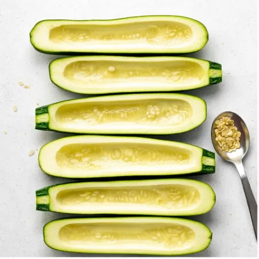 Step 1: Halving and scooping zucchini seeds
