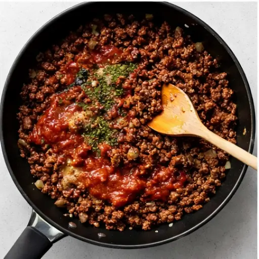 Step 3: Adding tomato sauce and seasonings to the beef