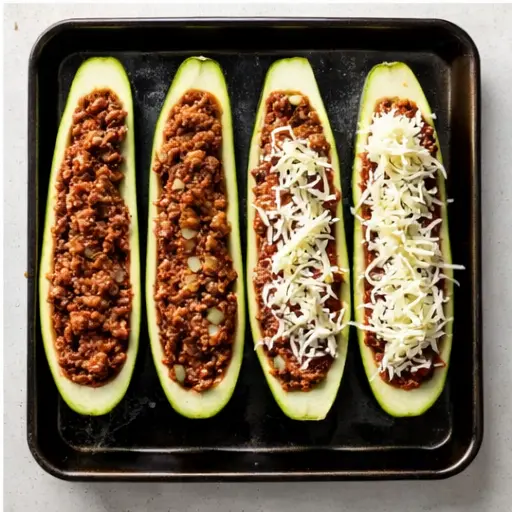 Step 4: Filling zucchini boats and topping with cheese