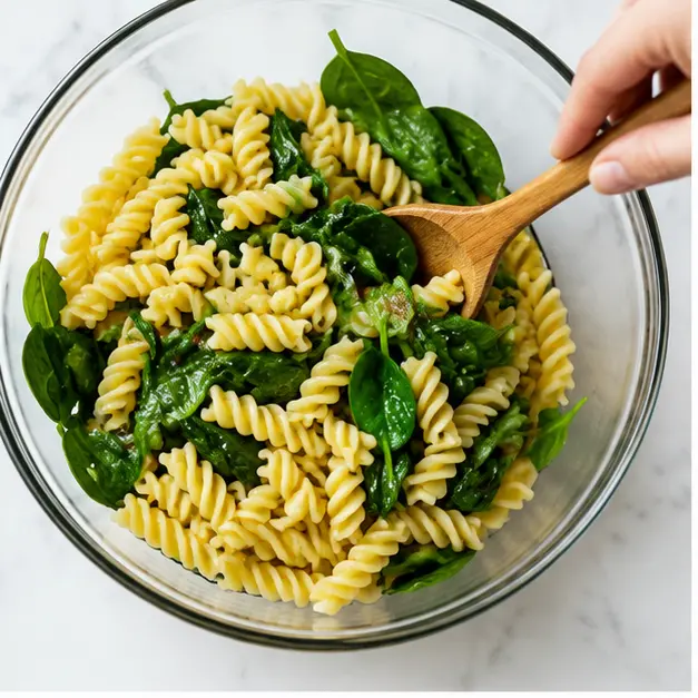 Step 1: Cook pasta al dente and toss with baby spinach to wilt