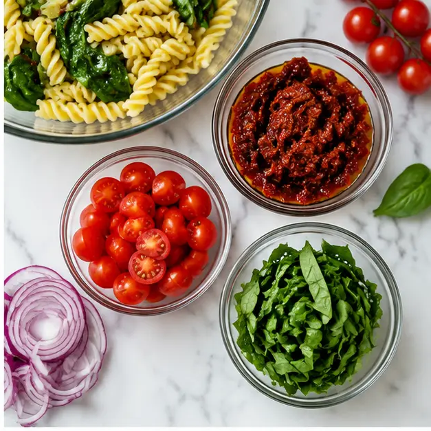 Step 2: Prep and combine sun dried tomatoes, cherry tomatoes, onion, basil