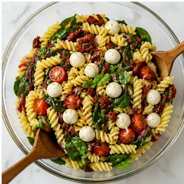 Step 4: Toss everything together with the dressing and mozzarella
