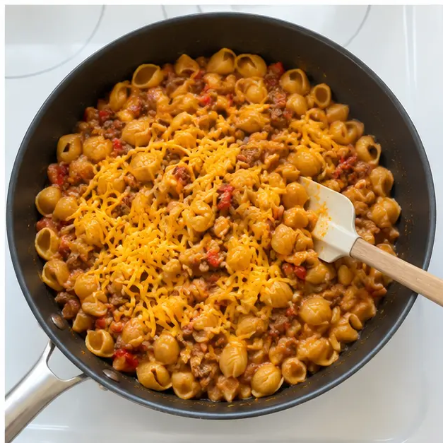 Step 4: stirring in shredded cheddar cheese until melted