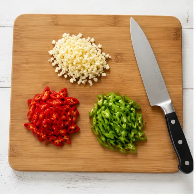 Step 1: Mince garlic and slice chilies