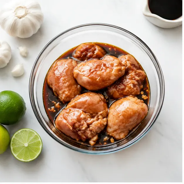 Step 1: Marinate chicken leg cuts in soy sauce and lime
