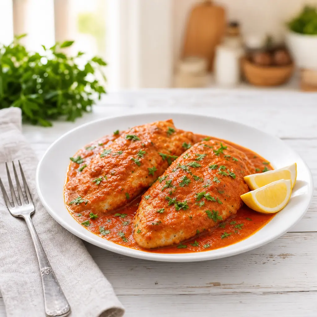 tilapia in roasted pepper sauce - final presentation
