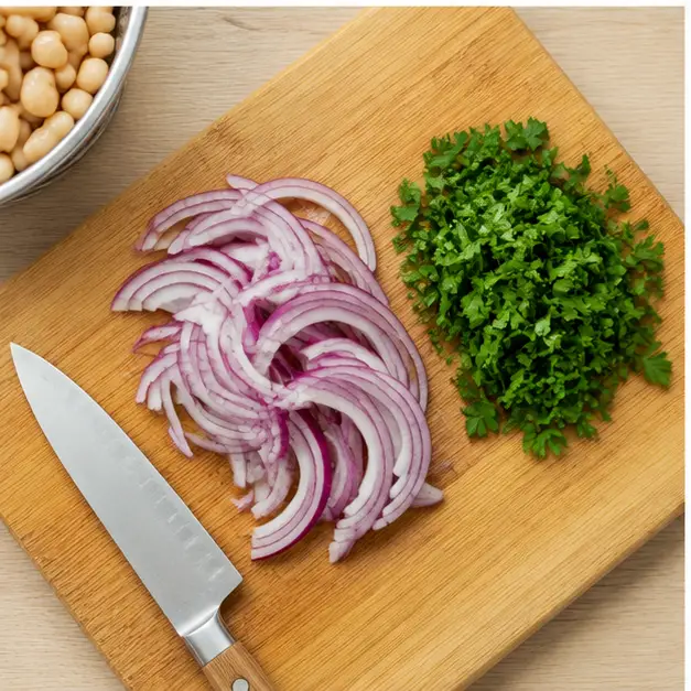 Step 3: Slicing red onion and chopping fresh parsley