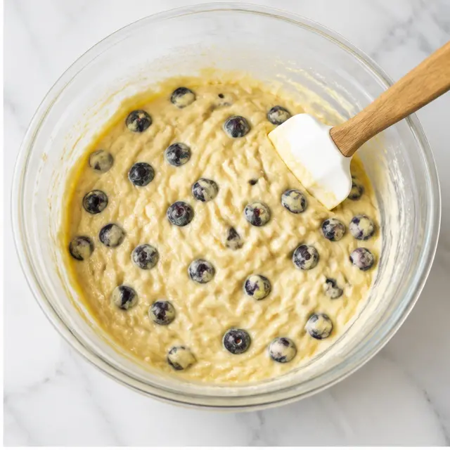 Folding whole blueberries into the thick batter