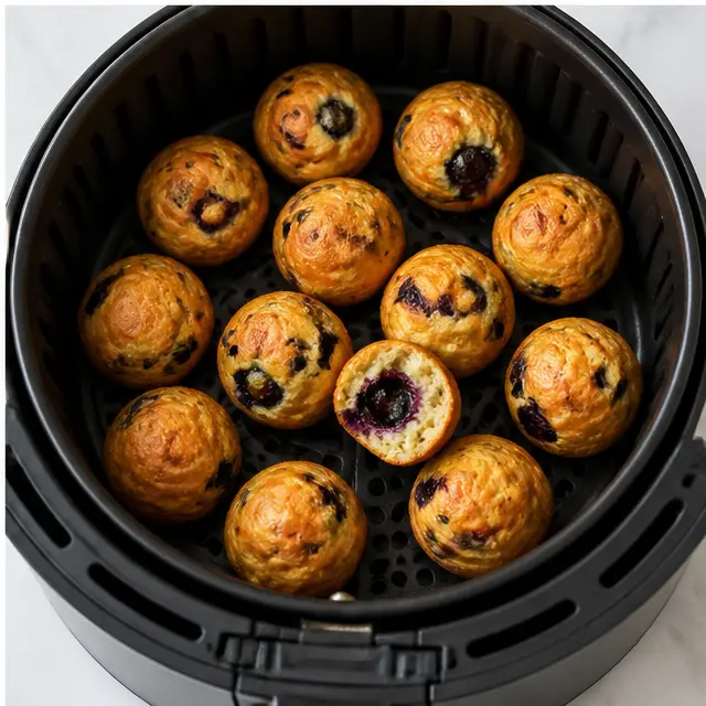 Pulling golden brown cooked donut holes from the air fryer