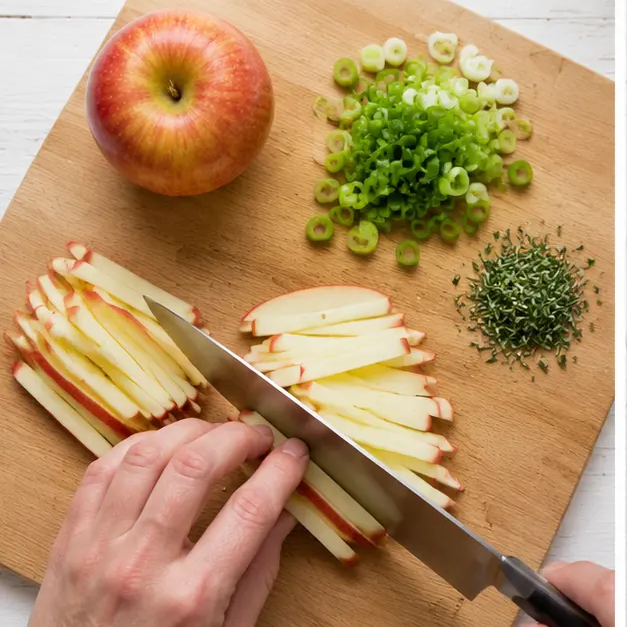 Step 3: Cut the Gala apple into matchsticks and mince the aromatics