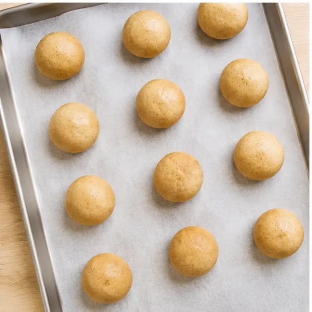 Step 3: Arranging filled dough balls on a parchment-lined baking sheet