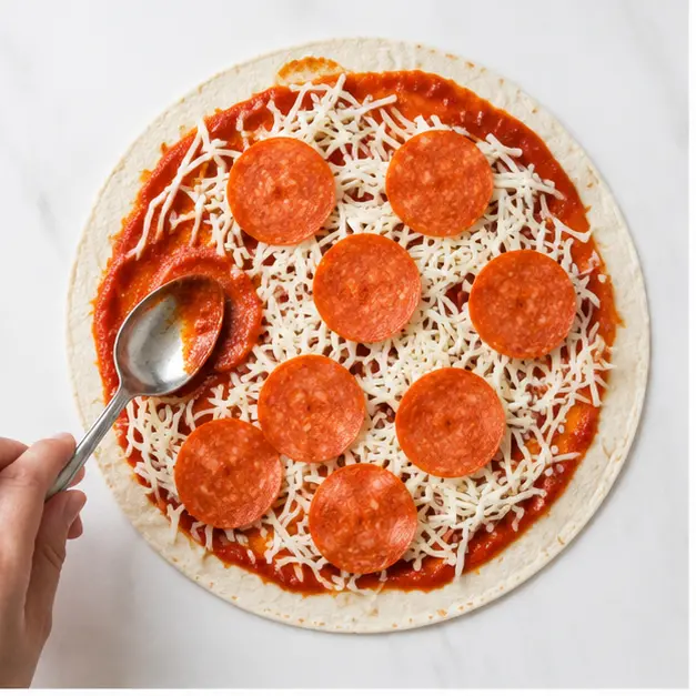 Step 1: Spreading pizza sauce over a flour tortilla