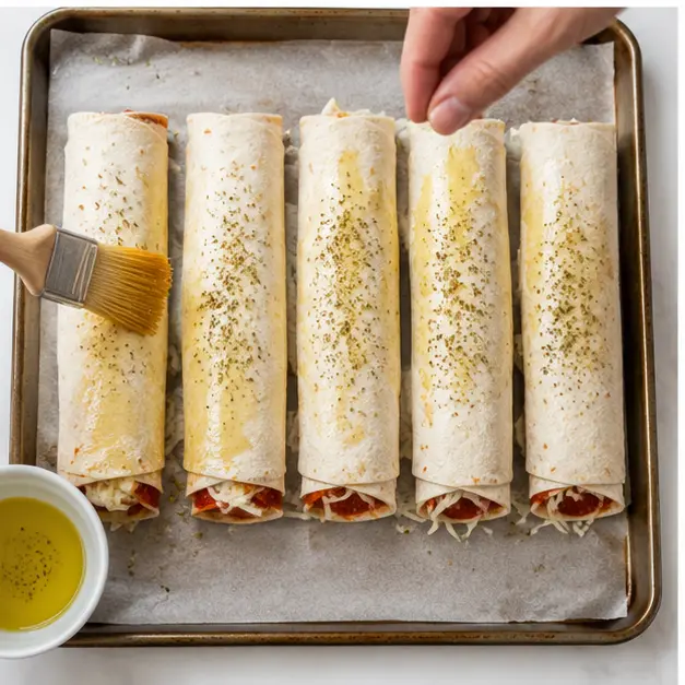 Step 3: Brushing wraps with olive oil and seasoning